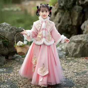 2 Krāsas Kažokādas Apkakli Meitenēm Ziemas Rozā Hanfu Kleita Uzstādītu Tradicionālo Ķīniešu Stilā Izšūti Bērni Jauno Gadu Sabiezēt Tang Uzvalks
