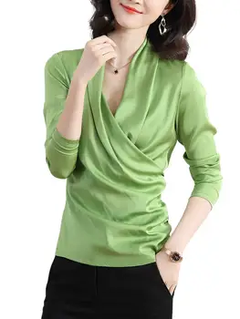 2023 Jauns Satīna V-veida kakla Krekls Sieviešu Piepilsētas Universāls Rudens Krekla Kreisajā Apakšējā Reizes garām Piedurknēm Apģērbs