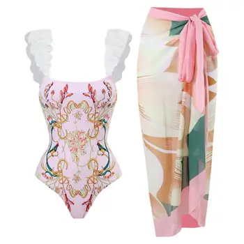 2023 Luksusa Sieviešu Peldkostīms Uzstādīt Modes Ziedu Colorblock Print viengabala Bikini ar uz Augšu, Sexy Saspringts Vasaras Pludmali, Valkāt