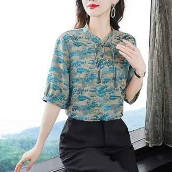 2023 sieviešu jaunais ķīnas vasaras stand apkakli pusi piedurknēm tang tērps, top jaunas sieviešu drukāšanas retro stila gadījuma ķīnas blūze s360