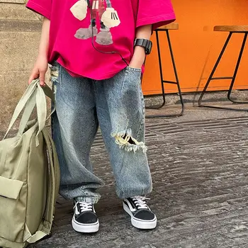 2023 Vasaras korejiešu Stilā Bērniem Ripped Džinsi Bikses Plaša kāju Bikses Brīvs, Izskatīgs, Foršs Modes Jauns Dizains Diezgan Zēniem