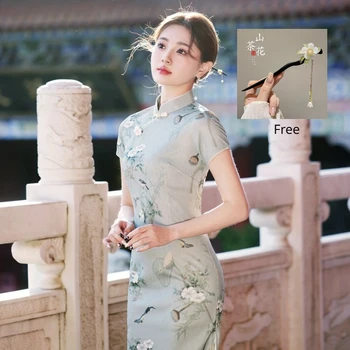 2024 Ķīnas Qipao Elegants Cheongsam Kleita Traditonal Sieviete Hanfu Retro Kostīmu Karnevāla Puse Tērpi ar Bezmaksas Matadatu