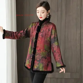 2024 ķīnas vintage mētelis retro hanfu topi stand apkakli sabiezēt silts mētelis tradicionālo ziedu drukāt ķīnas kokvilnas-polsterēta jaka