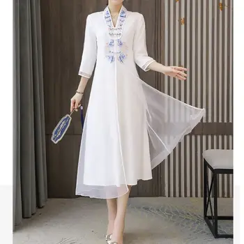 2024 ķīniešu stilā qipao uzlabota kleita austrumu stila sieviešu apģērbi, pavasara, rudens garš mežģīņu piedurknēm kleita cheongsam