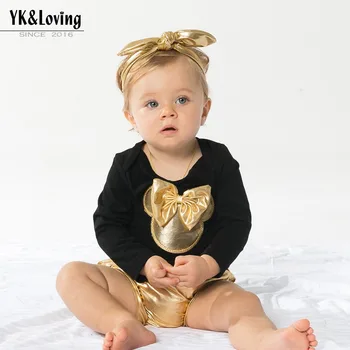 4GAB Jaunas Modes Baby Girl Apģērbu Komplektus ar Īsām Piedurknēm Romper +Zelta PP Bikses + Headban+Kurpes 4gab Bērnu Drēbes Meitenei