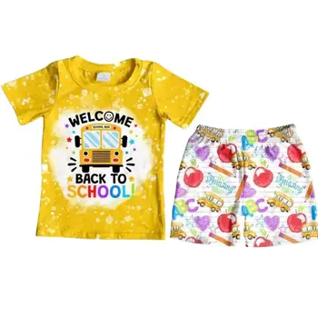 Atpakaļ uz Skolu Cute Baby Boy Dzeltenā Uzvalkā Skolas Autobusu Print T-Krekls Zīmuli Drukāt Šorti Meitenēm Komplekts