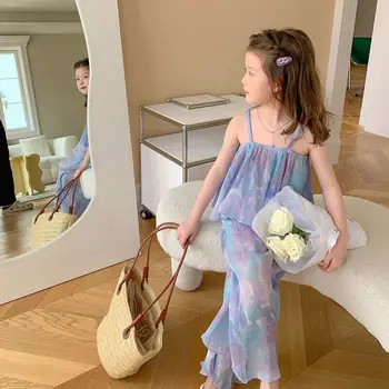 Bērni, Meitenes, Tie Krāsoti Camis Bikses Apģērbu Komplekts 2023 Jaunas Ielidošanas Bērniem Gadījuma Iespiesti Plaša Kāju Bikses Gaiši Zils Smuuer Topi Komplekti