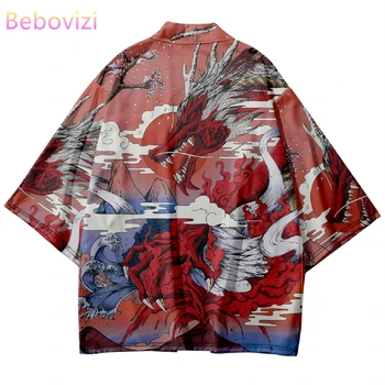 Japāņu Anime, Sarkans Pūķis Drukāt Kimono Krekls Haori Modes Vasarā Pludmale Yukata Vīriešu Un Sieviešu Tradicionālo Jaciņa Āzijas Apģērbu