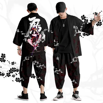 Japāņu Tradicionālo Apģērbu Dēmons Drukāt Kimono Bikses Vīriešu Retro Yukata Āzijas Modes Tang Uzvalks Harajuku Hanfu Yukata Jaka