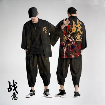 Japāņu Tradicionālo Apģērbu Neuzvarams Drukāt Kimono Bikses Vīriešu Retro Yukata Āzijas Modes Tang Uzvalks Harajuku Hanfu Yukata Jacke