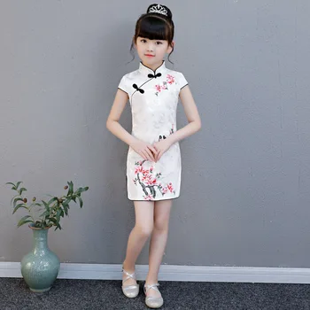 Jauki Ķīniešu Bērnam Meiteni, balto Ziedu Drukas Cheongsam Kleita meitenēm Qipao Kokvilnas Kleita Jaunā Gada dāvanu Puse Vakara tērpu