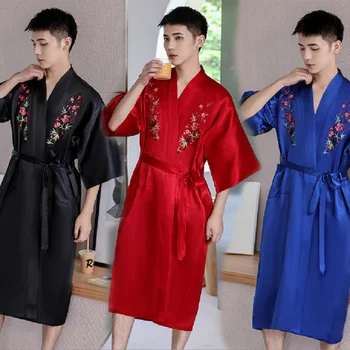 Karstā Pārdošanas Jaunu Stilu Ķīniešu Vīrieši Sievietes Satīna Zīda Kreklu Izšūšana Kimono, Vanna Kleita Ērti Ikdienas Garās Pidžamas Izmērs M L XL XXL
