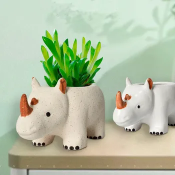 Kawaii Rhino Ziedu Vāze Gudrs Keramikas Augu Pot Sulīgs Augiem Bonsai Konteineru Mājas Galda Centerpieces Dzīvojamā Istaba Decortion