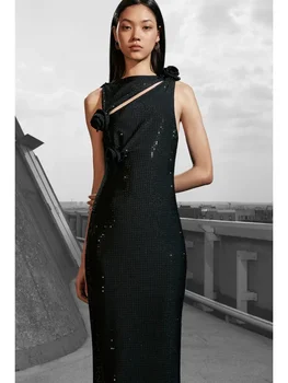 Luksusa Dizaineru tērpu Sievietēm, Eleganti Melnā krāsā bez Piedurknēm Izgriezt Appliques Ceļa Garums Frēzēšana Oficiālu Biroja Dāma Biznesa Kleitas
