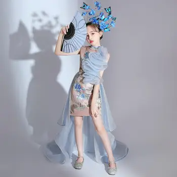 Meitene Izšuvumi Ķīna Atyle Kleitu Modes Vakaru Trailing Kleitu Bērniem Modeli, Liecina, Drēbes Bērniem Puses Ravēšana Kleita Wz1055