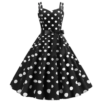 Melns Polka Dot Kleita Sievietēm Gadījuma Augsto Vidukli, bez Piedurknēm Vintage Puse Kleita Meitenēm Spageti Siksnas 50s