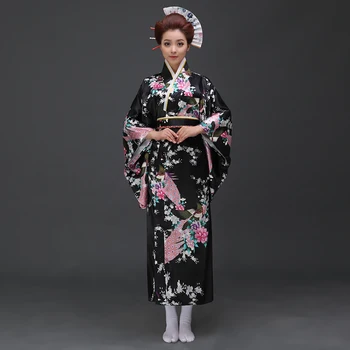 Melns Vintage Japāņu Sieviešu Kimono, Vanna Kleita Dāmas Mākslīgās Zīda Yukata Ar Obi Sniegumu Deju Kleitu Cosplay Apģērbi