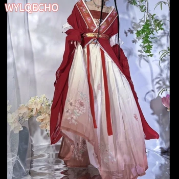 Retro Ķīniešu Stilā Sarkanā Vestido Hanfu Kleita Cosplay Sieviešu Tradicionālo Drukāt Ilgi Svārki 5 Gabals, Kas Elegants Meitenes Pusi Svārki Komplekts