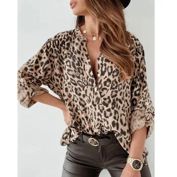 Rudens Sexy garām Piedurknēm Pogas V Kakla Brīvs T-krekls Y2K INS Drēbes Streetwear Elegants Sieviešu Leopard Krekls Top