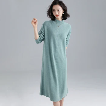 Sieviešu Kašmira Kleita Rudens Elegants vienkrāsainu Džemperi Ilgi Adīt Apģērbu, Puloveri, lai Dāma