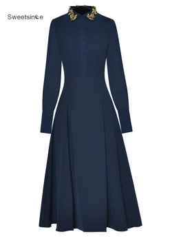 Sweetsince Luxury Vintage Kleitu Elegants Korejas Sieviešu Pavasara 2023 Dizainers Polo Kakla Sequin Apdare Garām Piedurknēm Kroku Svārki