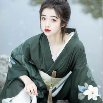 Tradicionālo Yukata Sieviešu Kimono Japāņu Stila Iespiesti Peldmētelis ar Baltu Obi Skatuves Šovs Cosplay Sniegumu Deju Kostīms