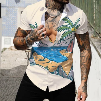 Vasaras Jaunā 3d Krekls Vīriešu Lielgabarīta Pludmales Krekls ar Īsām Piedurknēm Kokosriekstu Koku Iespiesti Havaju Top Vīriešu Apģērbu Havaju Krekls
