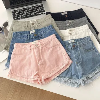 Vasaras meiteņu konfektes krāsu augstu vidukļa thin-line raw bārkstis džinsa karstā bikses