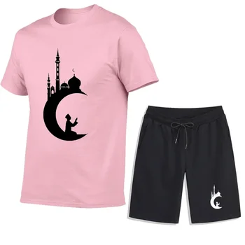 Vasaras Vīriešu Musulmaņu Stils Drukas Sporta Tērps, Ērti, Elpojoši Modes Īsās Bikses+Īsām Piedurknēm T-kreklu Komplekts Streetwear