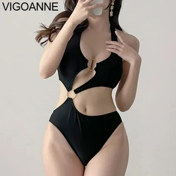 VigoAnne Cietā Gredzenu Dobi Peldkostīmi Sieviešu 2023 Sexy Pavada Push UP Viens Gabals Peldkostīms korejas Slēgts Monokini Vasaras peldkostīms