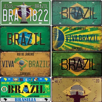 Vintage Brazīlija Automašīnas Numura Plakātu numura zīme Populāra Pilsētas Brazīlija Valsts Karoga Retro Skārda Zīmes interjera Uzlīmes 15x30cm
