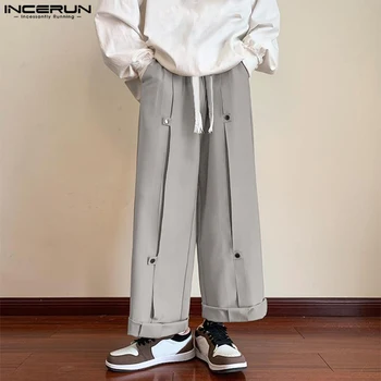 Vīrieši Plaša Kāju Bikses tīrtoņa Krāsu Aukliņu Joggers Vaļēju Pogu, Bikses Vīriešu Streetwear 2023 Gadījuma Taisnas Bikses S-5XL INCERUN