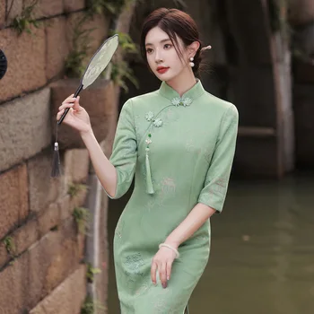 Yourqipao Rudens 2023 Zamšādas Izšūti Ilgi Cheongsam Catwalk Show Retro Qipao Ķīniešu Tradicionālā Stila Kleita Sievietēm Puse