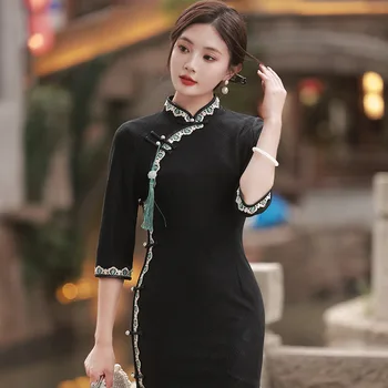 Yourqipao Rudens Mežģīņu Retro Melns Aprikožu Cheongsam Elegants Modes Qipao Tradicionālo Ķīniešu Apģērbu, Vakara Kleita Sievietēm