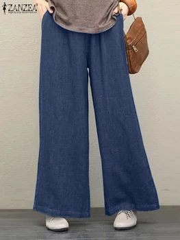 ZANZEA Sievietes Augsta Vidukļa Biroja Bikses Vintage Bikses Gadījuma Zaudēt Plaša Kāju Pantalon Modes OLA Darba Brīvdienu Palazzo Ilgi Elsas