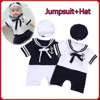 Zīdaiņu Jūrnieks Tērpu Baby Boy Meitene Navy Jumpsuit ar Cepuri Puika 0 12 Mēnešiem, 1. Dzimšanas dienas svinības Jaundzimušo Photoshoot Outift