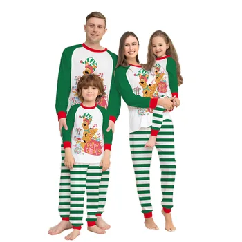 Ģimenes Ziemassvētku Pidžamu Saskaņošanas Kopums, Karikatūra Izdrukāt garām Piedurknēm Topi ar Svītrainām Biksēm Sleepwear Komplekts Pieaugušo, Bērnu, Bērnu, Suni