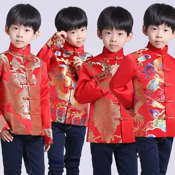 Ķīniešu Apģērbu Bērniem Sarkanā Tang Uzvalks Tradicionālo Zēns Hanfu Top Pūķis Krekls Drukas Vintage Satīna Kungfu Puse Skatuves Tērpiem