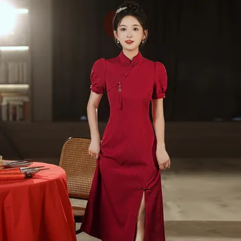 Ķīniešu Stila Kāzu Kleita Sievietēm Bordo Qipao Tradīciju Cheongsams Elegants Kāzu Kleitas Uzlabota Mandarīnu Apkakles Vestidos